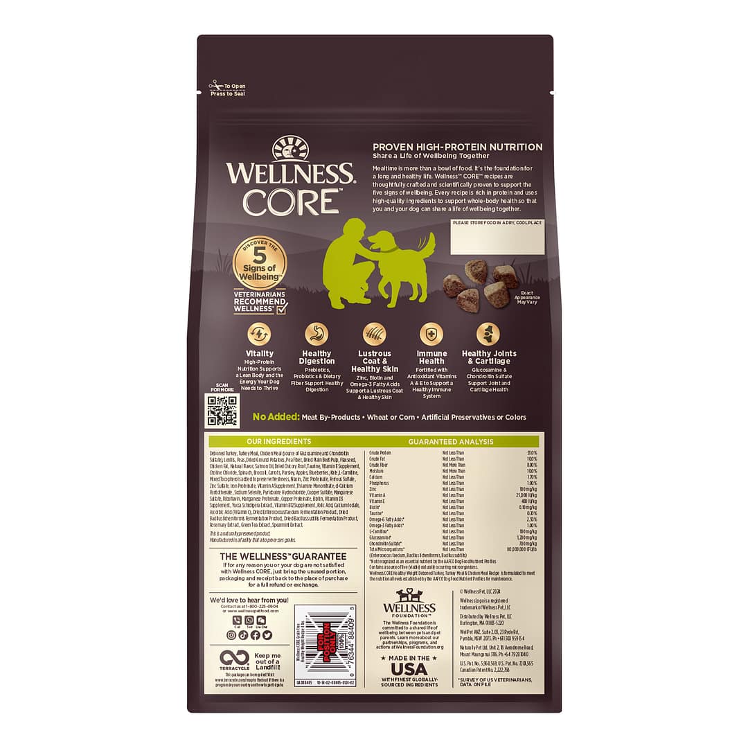 Wellness Core Grain-Free Healthy Weight (Deboned Turkey, Turkey Meal & Chicken Meal) Dry Dog Food (3 Sizes) - Image 2