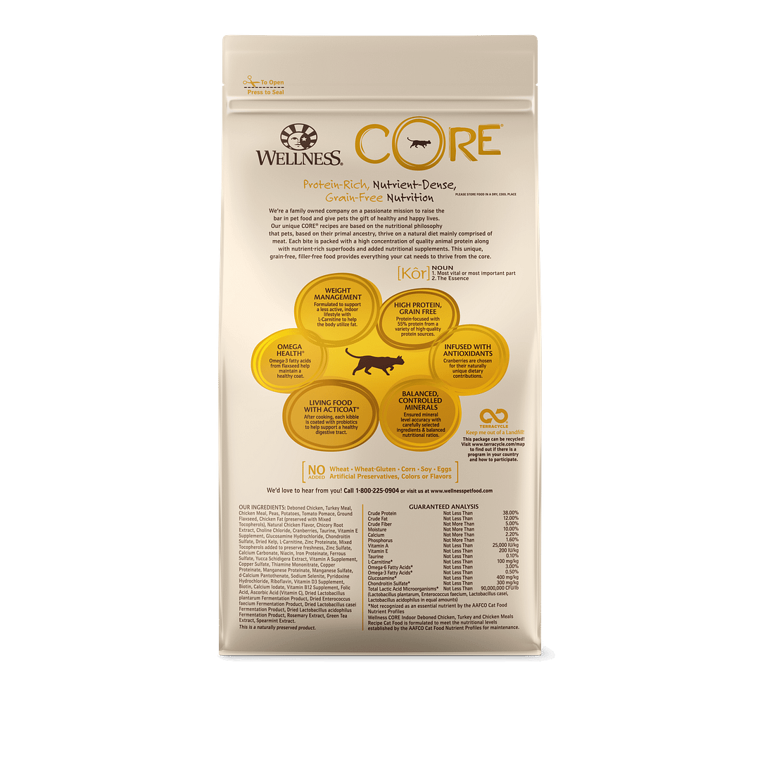 Wellness Core Grain-Free Indoor Cat - Deboned Chicken & Turkey Meals (3 Sizes)