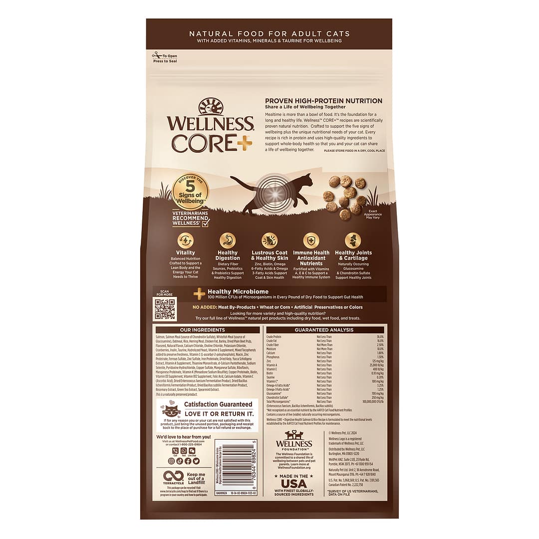 Wellness CORE Digestive Health with Wholesome Grains Salmon Recipe - Salmon & Rice Dry food for Cats (2 Sizes) - Image 2