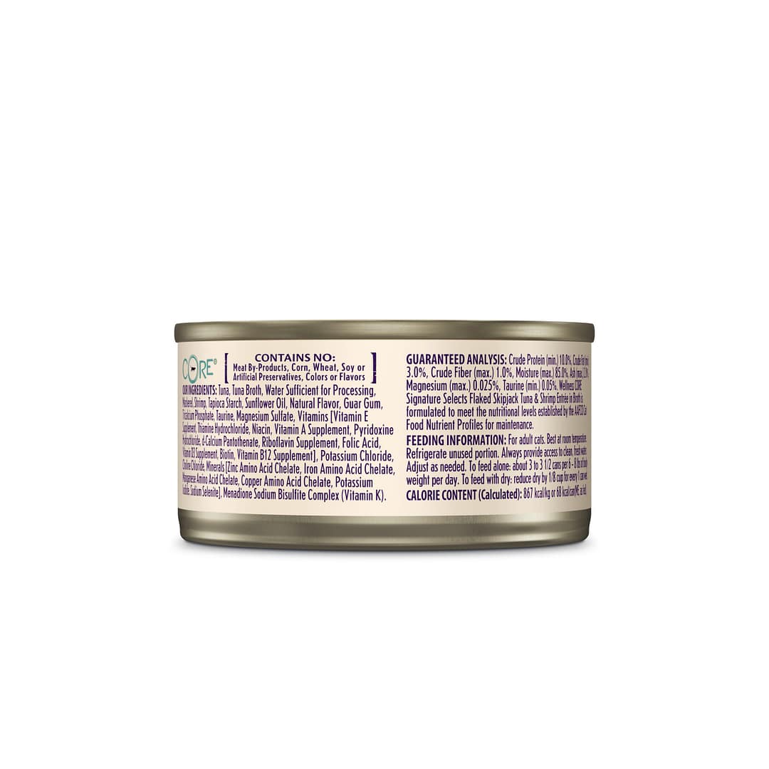 Wellness CORE Signature Selects Flaked Skipjack Tuna & Shrimp Entree in Broth Canned Cat Food 2.8oz - Image 2