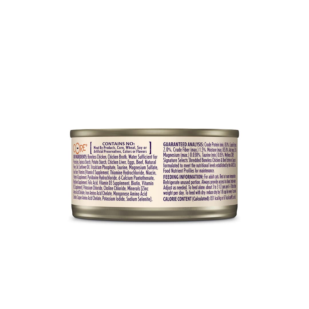 Wellness CORE Signature Selects Shredded Boneless Chicken & Beef Entree in Sauce Canned Cat Food 2.8oz - Image 3