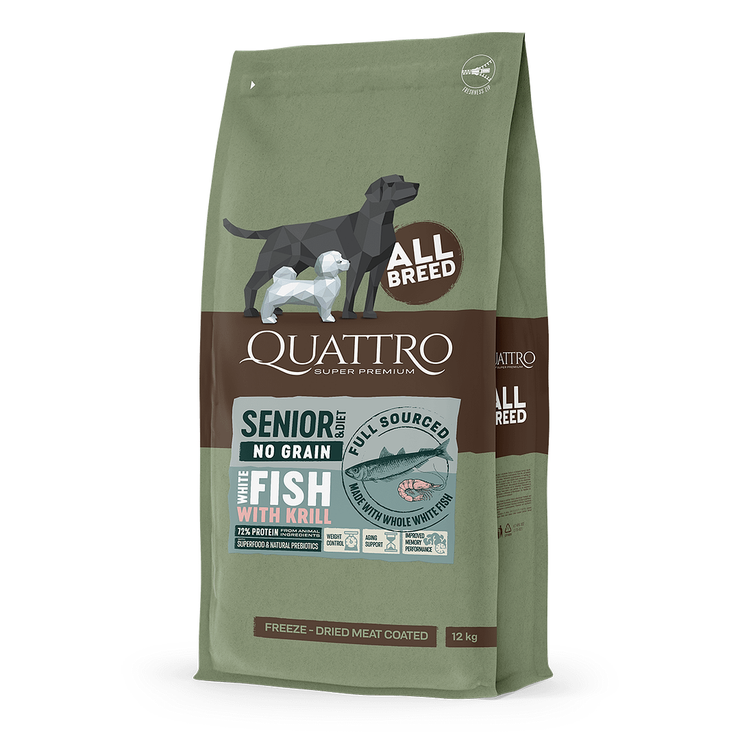Quattro Senior & Diet All Breed No Grain Dry Dog Food - Whitefish & Krill (2 Sizes)