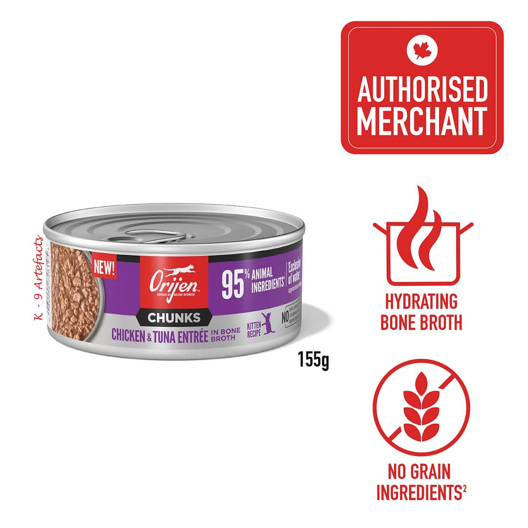 ORIJEN Chunks & Shreds Chicken & Tuna Entree KITTEN In Bone Broth Wet Cat Food 155g