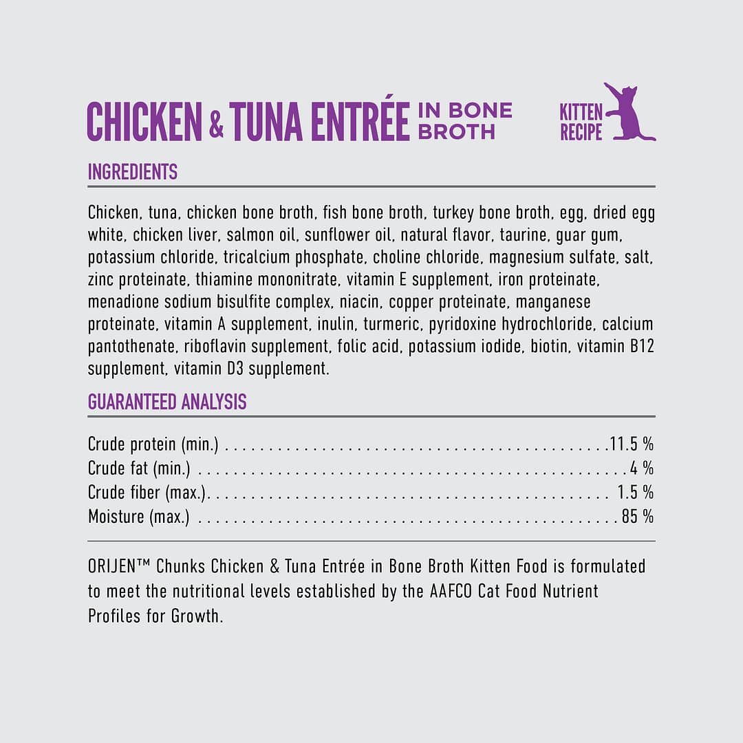 ORIJEN Chunks & Shreds Chicken & Tuna Entree KITTEN In Bone Broth Wet Cat Food 85g - Image 4