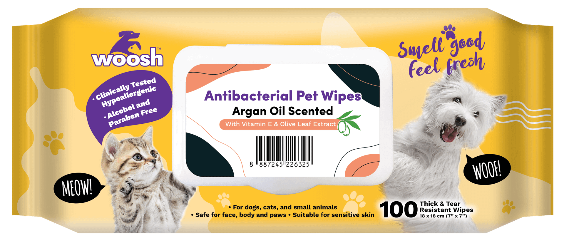 Woosh Antibacterial Pet Wipes Argan Oil Scented 100 sheets