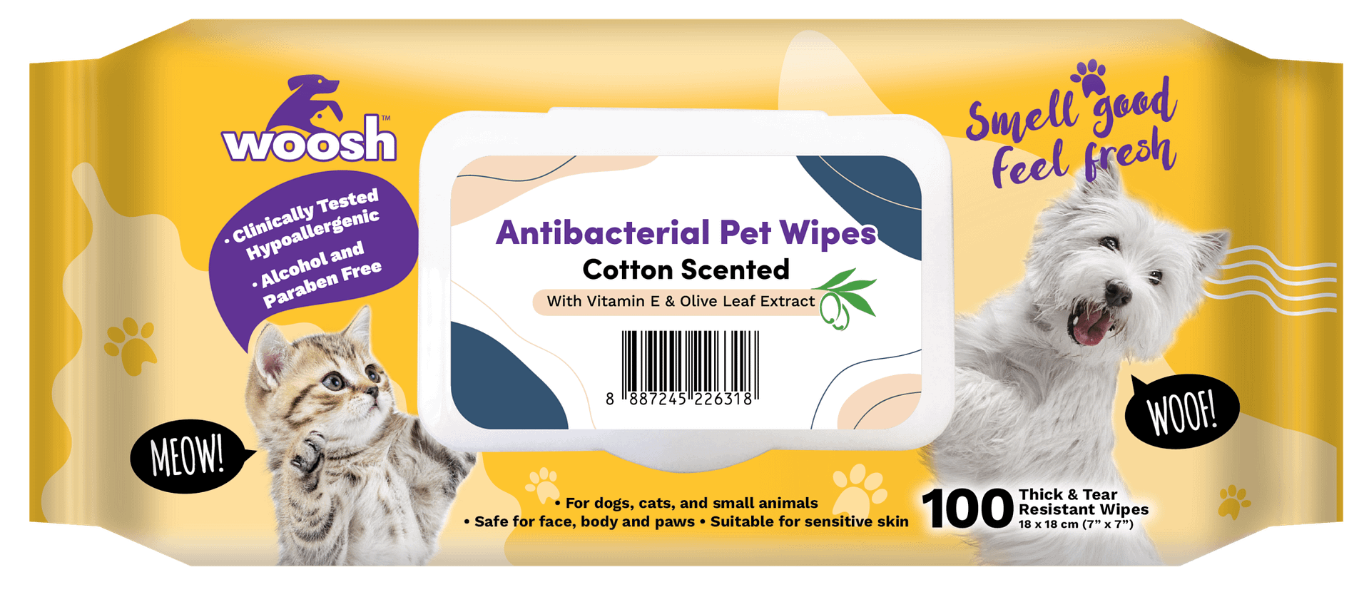 Woosh Antibacterial Pet Wipes Cotton Scented 100 sheets
