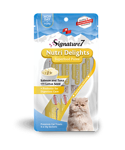 Signature7 Nutri Delights Superfood Puree Salmon & Tuna With Lotus Seed & Prebiotic (Monday) Cat Treats 60g
