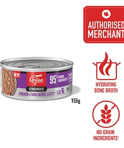 ORIJEN Chunks & Shreds Chicken & Tuna Entree KITTEN In Bone Broth Wet Cat Food 155g