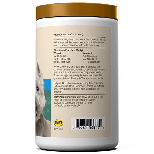 NaturVet Tear Stain Supplement Powder Plus Lutein For Dog & Cat 07oz