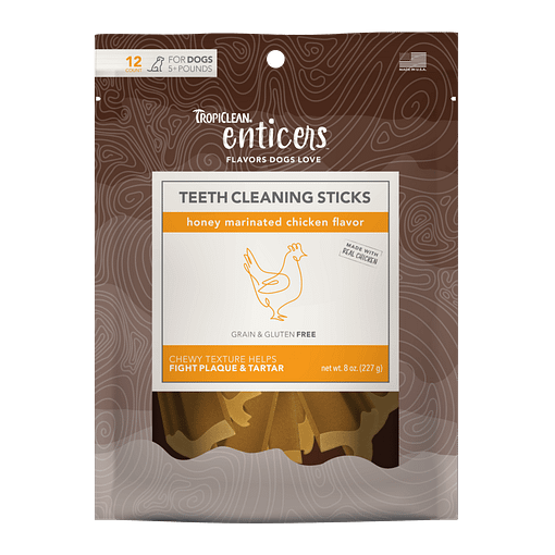TropiClean Enticers Teeth Cleaning Sticks for Dogs - Honey Marinated Chicken Flavor 8oz