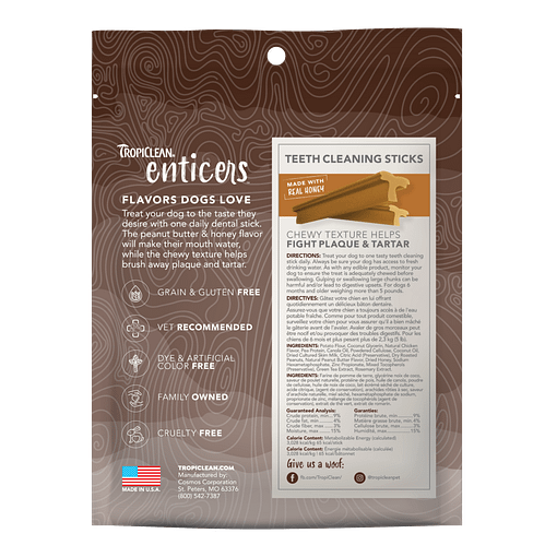 TropiClean Enticers Teeth Cleaning Sticks for Dogs - Peanut Butter & Honey Flavor 8oz - Image 2