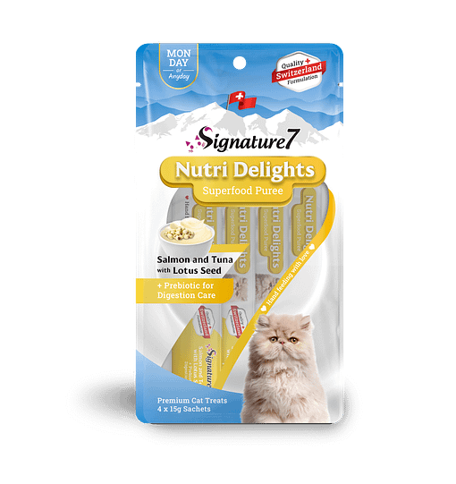 Signature7 Nutri Delights Superfood Puree Salmon & Tuna With Lotus Seed & Prebiotic (Monday) Cat Treats 60g