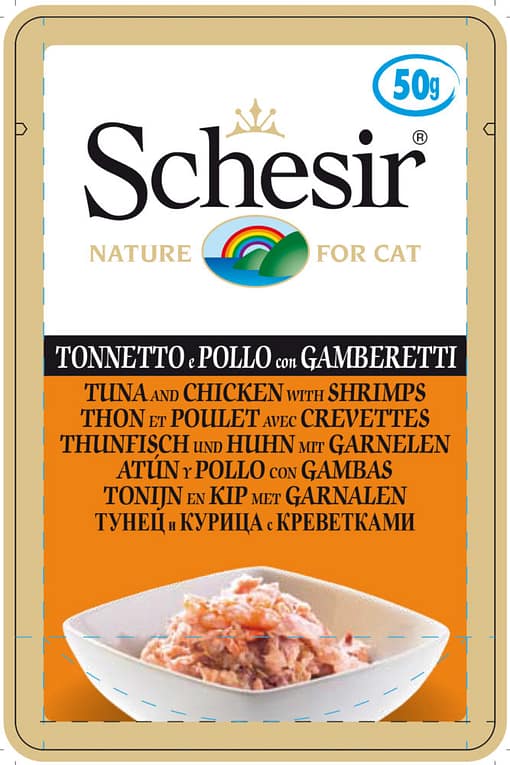 Schesir Cat Pouches in Tuna and Chicken with Shrimps Wet Cat Food 50g