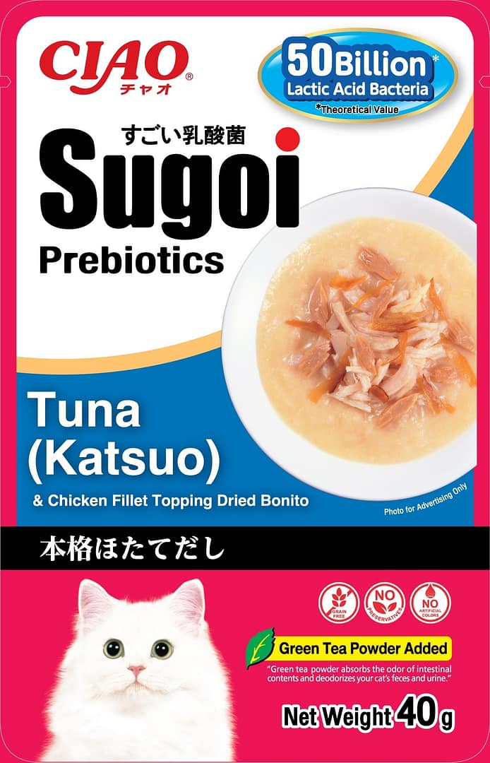 CIAO Sugoi Pouch Chicken Fillet With Tuna (Katsuo) Topping Dried Bonito Plus Prebiotics 40g
