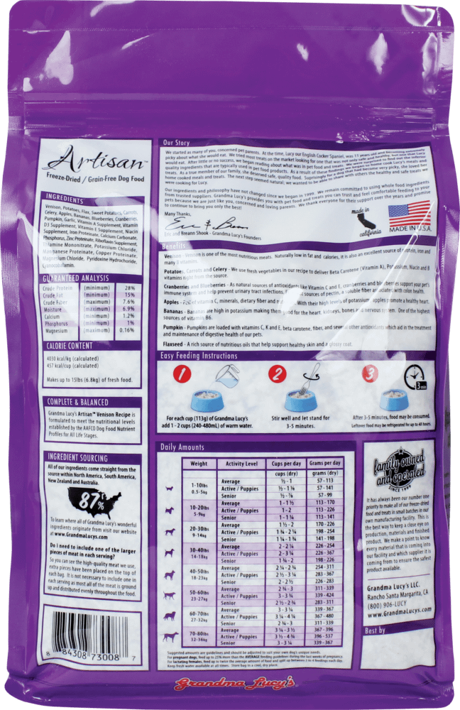 Grandma Lucy's Artisan Dog Food Grain Free and Freeze-Dried Artisan Venison 3lb - Image 4