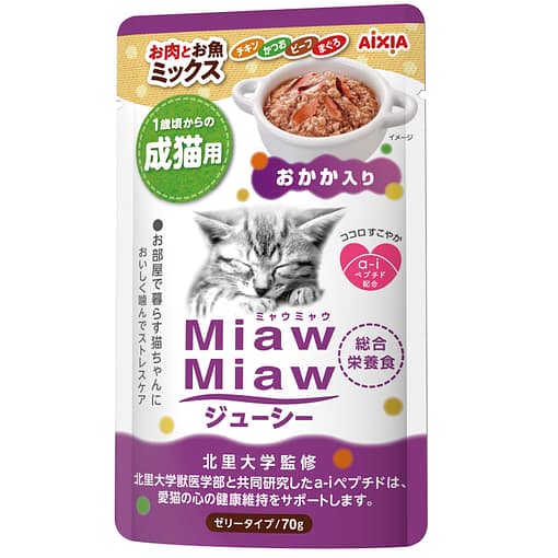 Aixia Miaw Miaw Juicy Pouch - Meat & Fish Mix w/Dried Skipjack Wet Food for Cats 70g